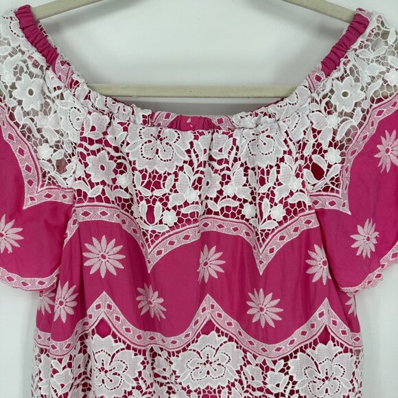 ASOS Off Shoulder Mini Dress 4 Embroidered Floral Crochet Lace Boho Hot Pink - Picture 6 of 11